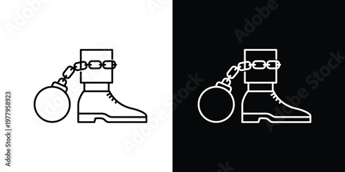 Minimalist line icon illustration of a boot with a heavy ball and chain, conveying themes of restriction, oppression, and confinement