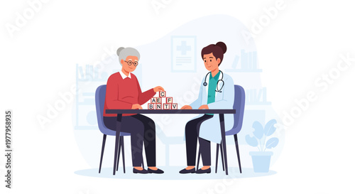 Elderly Woman Doing Cognitive Exercises with a Doctor in a Medical Clinic - Senior Mental Health and Dementia Care Illustration