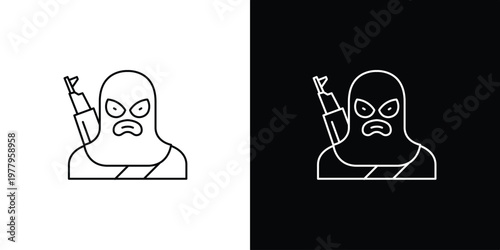 Vector Outline Illustration of a Mysterious Figure in a Ski Mask Holding a Sharp Weapon, Symbolizing Threat, Crime, or Security Risk on Contrasting Duotone Backgrounds for Graphic Design Concepts