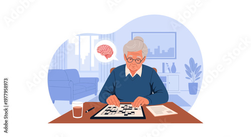 Senior Woman Solving Brain Puzzles for Cognitive Health and Dementia Prevention Illustration