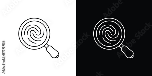 Fingerprint Magnifying Glass Icon on Black and White Backgrounds for Security and Investigation Concepts