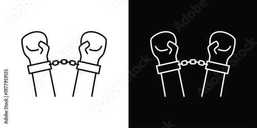 Single icon of illustration of two hands in handcuffs, displayed on a white and black background, representing concepts of restriction and confinement