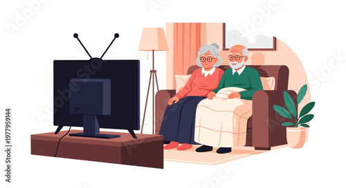 Happy Senior Couple Watching Television Together on Sofa in Living Room, Flat Vector Illustration