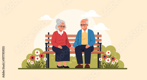 Elderly Couple Holding Hands on a Park Bench Illustration - Senior Love and Companionship Concept