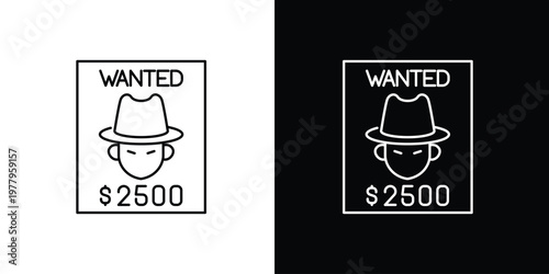 Single icon of vintage wanted poster illustration of a suspicious person with a bounty of $2500, suitable for western themes and crime-related designs