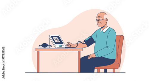 Senior Man Checking Blood Pressure with Digital Tonometer at Home Illustration