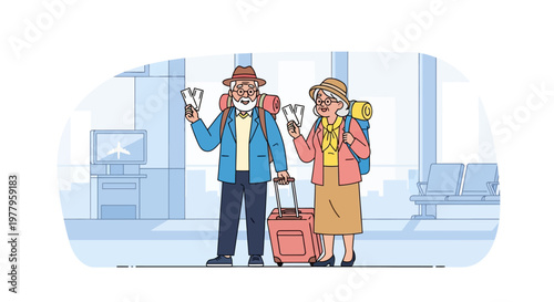 Happy Senior Couple Traveling with Luggage at Airport Terminal - Flat Vector Illustration of Retired People Going on Vacation