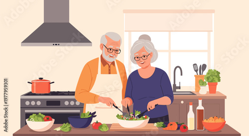 Happy Senior Couple Preparing Healthy Salad Together in Modern Kitchen Flat Vector Illustration, Elderly Husband and Wife Cooking at Home, Active Aging and Wellness Concept
