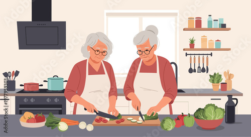 Two Senior Women Cooking Healthy Meal Together in a Modern Kitchen - Flat Vector Illustration