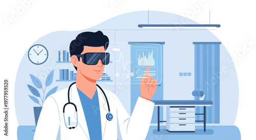 Doctor Using VR Goggles for Medical Data Analysis in Modern Clinic Illustration