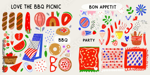 A colorful illustration depicting a barbecue picnic with various foods and decorations