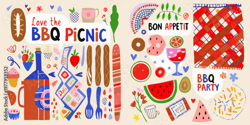 A colorful illustration showcasing elements of a summer barbecue picnic