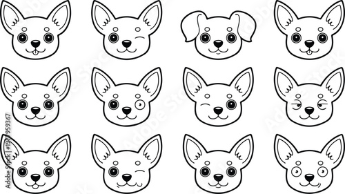Cartoon dog face collection with multiple expressions, adorable pet character heads in simple playful style vector illustration set