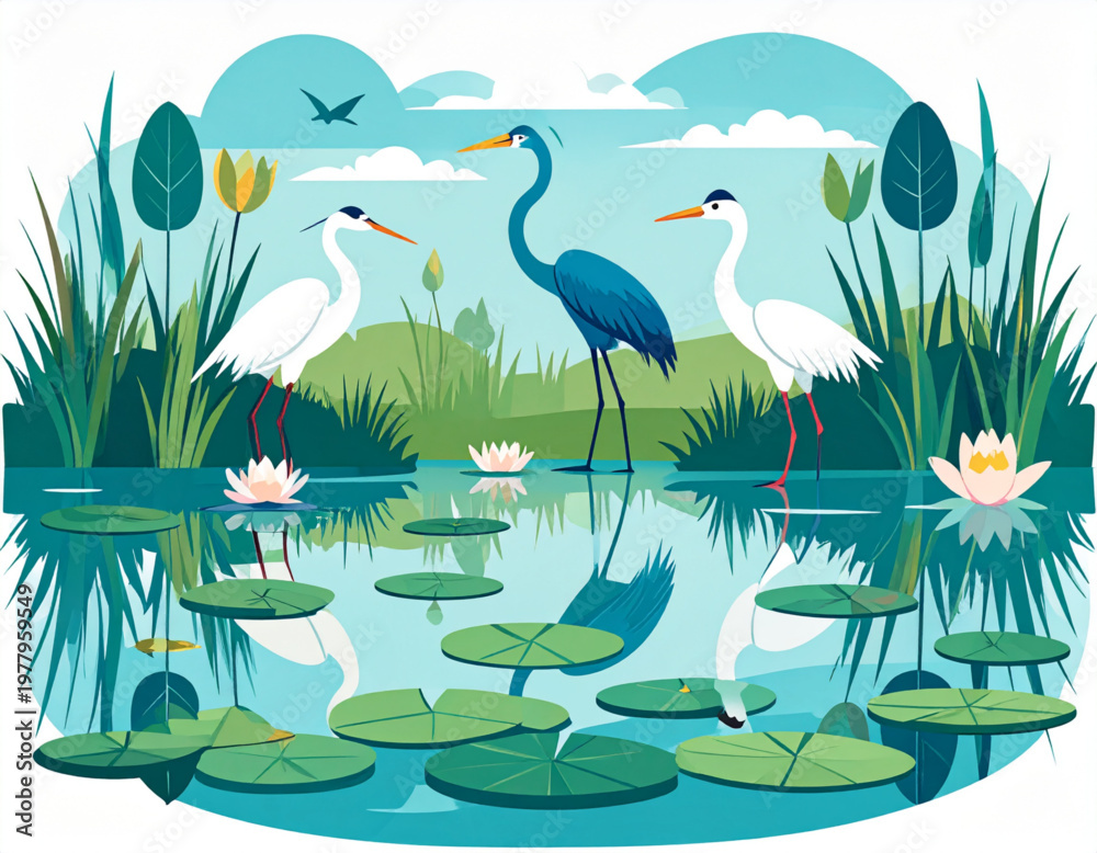 Naklejka premium Wetland Heron Lily Sanctuary