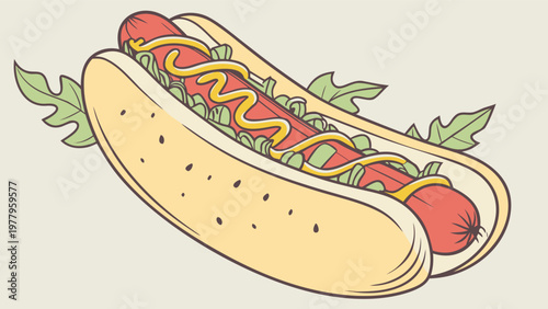 Tasty hot dog with ketchup and mustard, sesame bun, isolated vector clipart.