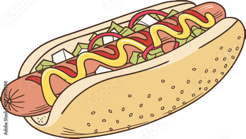 Classic American hot dog with toppings, clean vector illustration on transparent background.