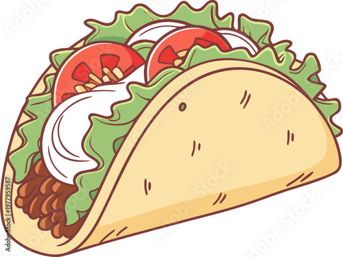Beef taco vector with fresh vegetables, cheese and sour cream, isolated illustration for Mexican cuisine.