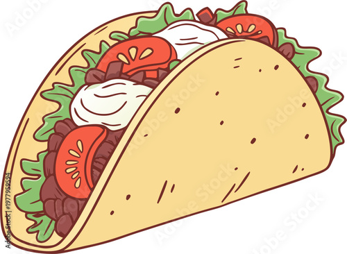 Traditional Mexican taco with beef, lettuce, tomato, cheese and sour cream, clean vector clipart.