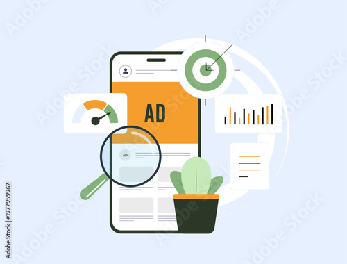 Ad analytics dashboard campaign performance and metrics on mobile screen. Ad analytics dashboard displays targeting data conversion tracking and marketing results for optimization vector illustration