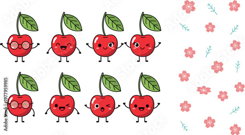 Cute cherry character collection with different expressions and poses, adorable fruit mascots with floral elements in vector illustration set