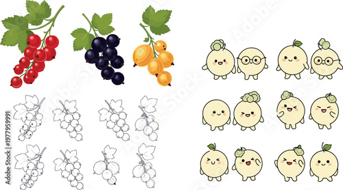 Berry and cute character collection with currants, gooseberries and adorable fruit mascots, hand drawn and colored vector illustration set