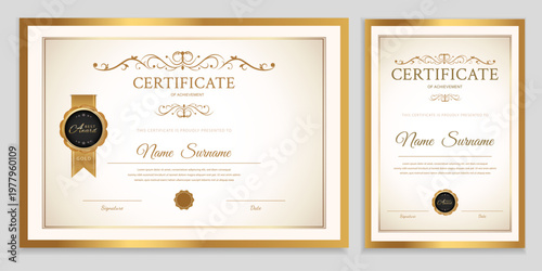 Certificate of achievement template set with horizontal and vertical orientations. Elegant luxury style with gold frame and seal for diplomas and professional awards. Vector illustration.