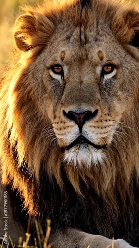 A majestic male lion rests in the golden light of the savanna during a peaceful afternoon
