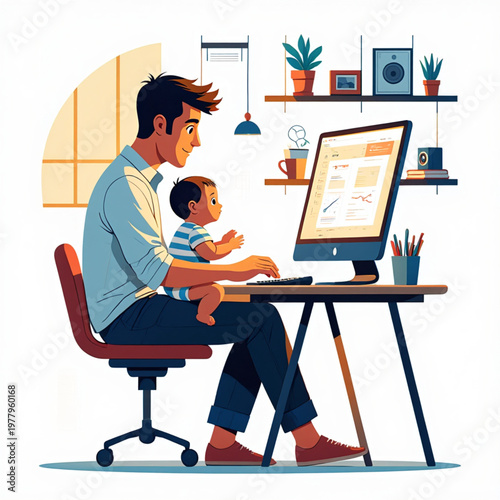 Vector Illustration of Professional Man at Computer with Child