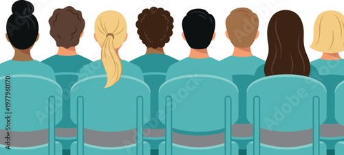 Audience people sitting in chairs illustration, diverse group seen from back attending event conference or presentation in public space, community gathering concept