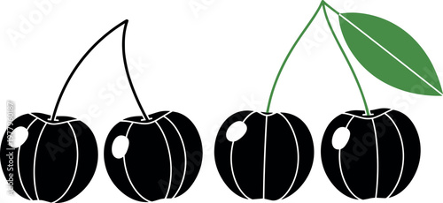 Cherry fruit silhouettes with simple outline and leaf variation, minimal black vector illustration set isolated on white background
