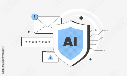 AI security shield - data protection and email threat prevention system. AI security shield displays encryption alerts password safety and cyber defense for secure communication vector illustration