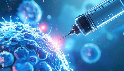 A medical syringe injecting into a cell with glowing effect