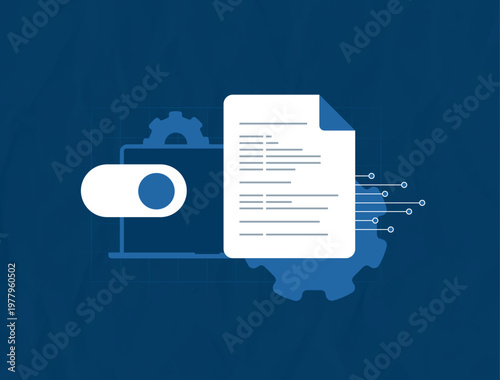 Document automation workflow file processing and approval toggle on system. Document automation workflow digital form handling data transfer and process control for task execution vector illustration