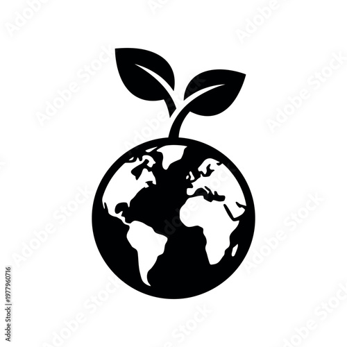 Minimalist earth globe icon with sprouting leaves symbolizing global sustainability and ecological awareness for environmental conservation projects and branding