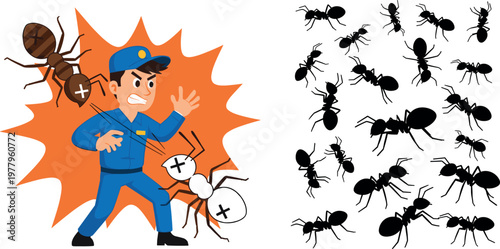 Cartoon pest control worker fighting ants with insect infestation concept vector illustration set isolated on white background