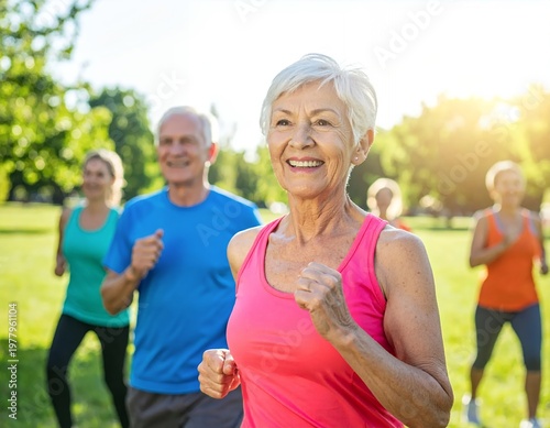 Happy Senior Woman Jogging with Friends in Park.
