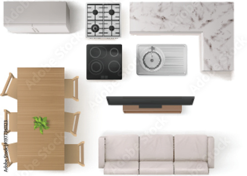 Realistic furniture top view icons for kitchen floor plan vector