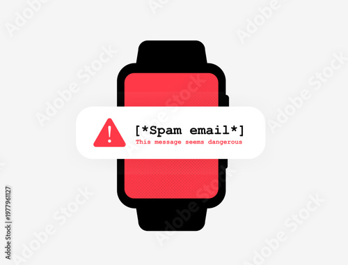 Spam alert notification shows phishing message warning on smartwatch screen. Spam alert notification displays dangerous email detection risk signal and mobile security awareness vector illustration