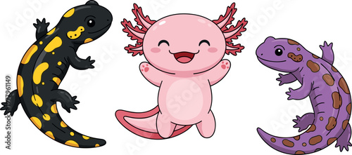 фотографія Cute axolotl salamander characters set with colorful amphibians, smiling cartoon