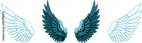 Angel wings illustration set with outline and detailed feather styles, symmetrical flying wings design in vector format