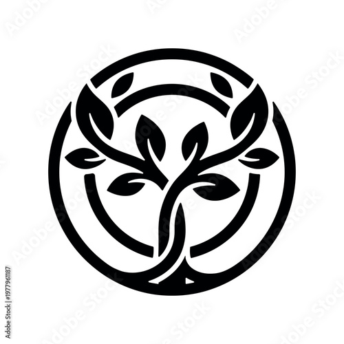 Minimalist tree of life symbol vector icon featuring organic leaf branches enclosed in a circular frame for sustainable branding and natural environmental design