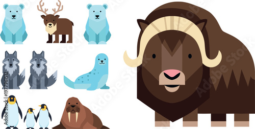 Arctic animal cartoon set with bison bear wolf penguin and walrus, cute wildlife characters in flat vector illustration