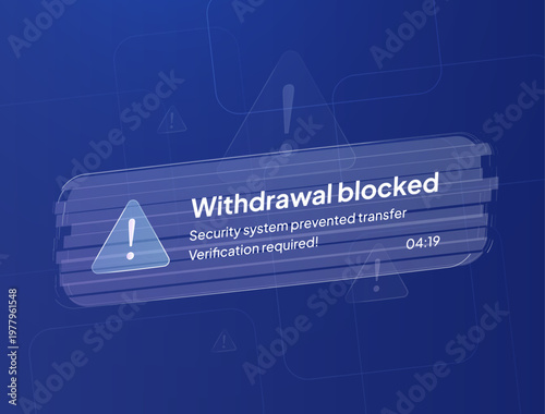 Payment security alert shows blocked withdrawal and verification warning on screen. Payment security alert transaction restriction message risk notification and fraud prevention for account protection