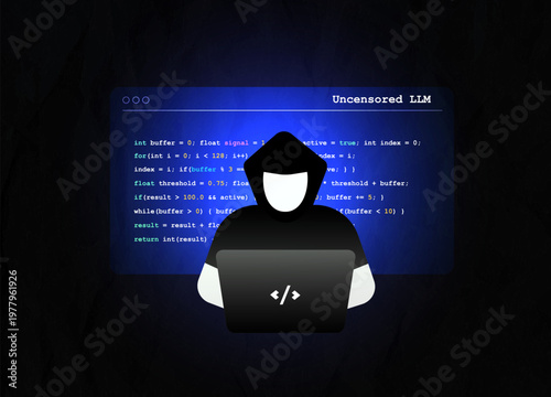 Cyber attack hacker coding activity on laptop with uncensored llm interface. Cyber attack hacker data breach risk, system intrusion and security threat scenario for network protection illustration