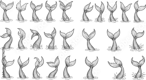 Mermaid tail illustration set, hand drawn aquatic fantasy fins in different positions with water splash for ocean theme design and tattoo art, concept