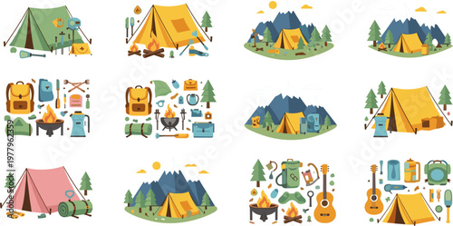 Camping Gear and Outdoor Adventure Vector Set with Tents, Backpacks, and Mountain Scenery for Travel and Exploration Designs