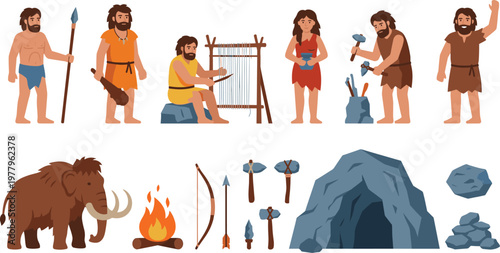 Prehistoric caveman life illustration set, primitive humans hunting weaving and crafting tools with fire and mammoth in cave, ancient survival concept