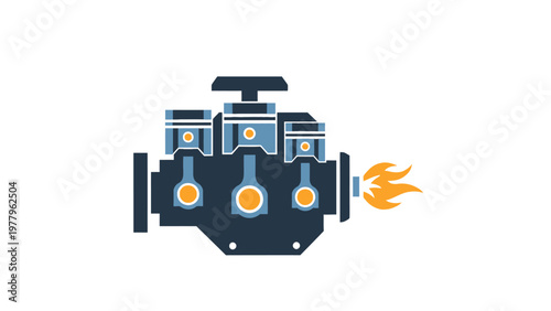 Internal combustion engine icon with pistons and exhaust flame in flat design style.