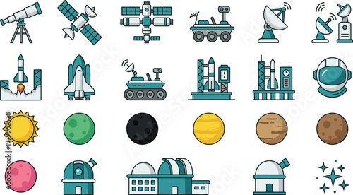 Space exploration icons illustration set, rockets satellites rover telescope planets and astronaut equipment for astronomy science and cosmic technology design, concept