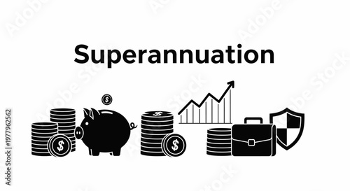 Superannuation and retirement planning concept with piggy bank, coin stacks, and growth chart icons.